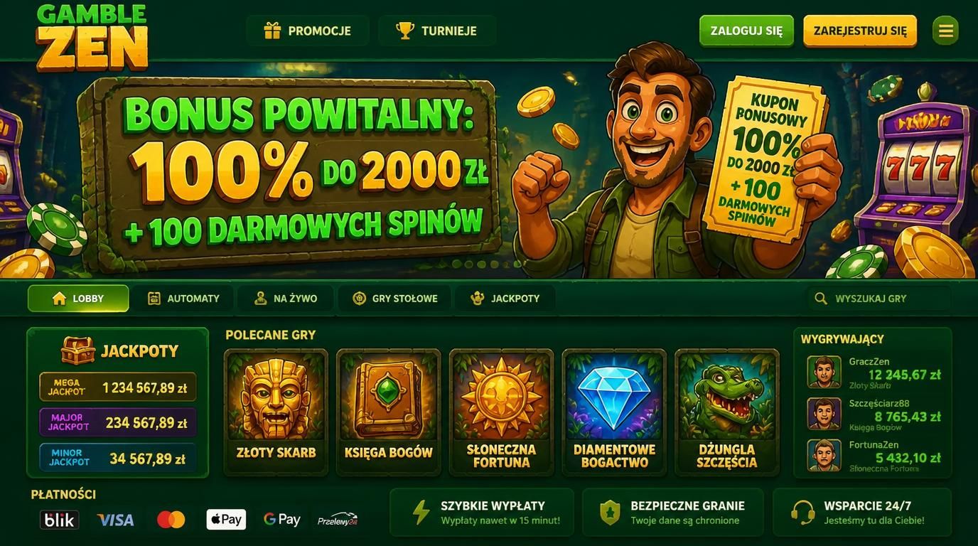 Banner przedstawiający powitalny bonus 100 % do 2000 zł i 100 darmowych spinów w kasynie Gamblezen