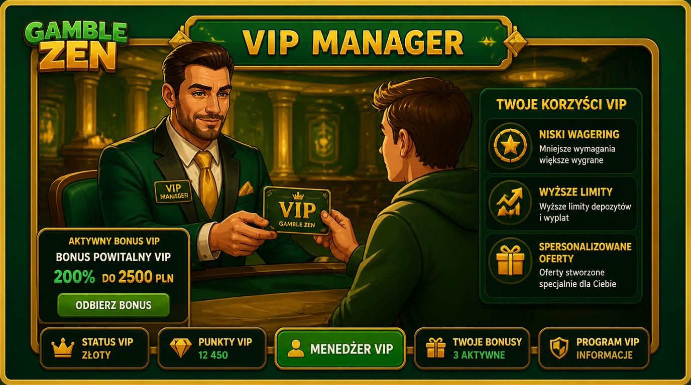 Grafik przedstawiający VIP Managera i korzyści dla gracza VIP w Gamblezen