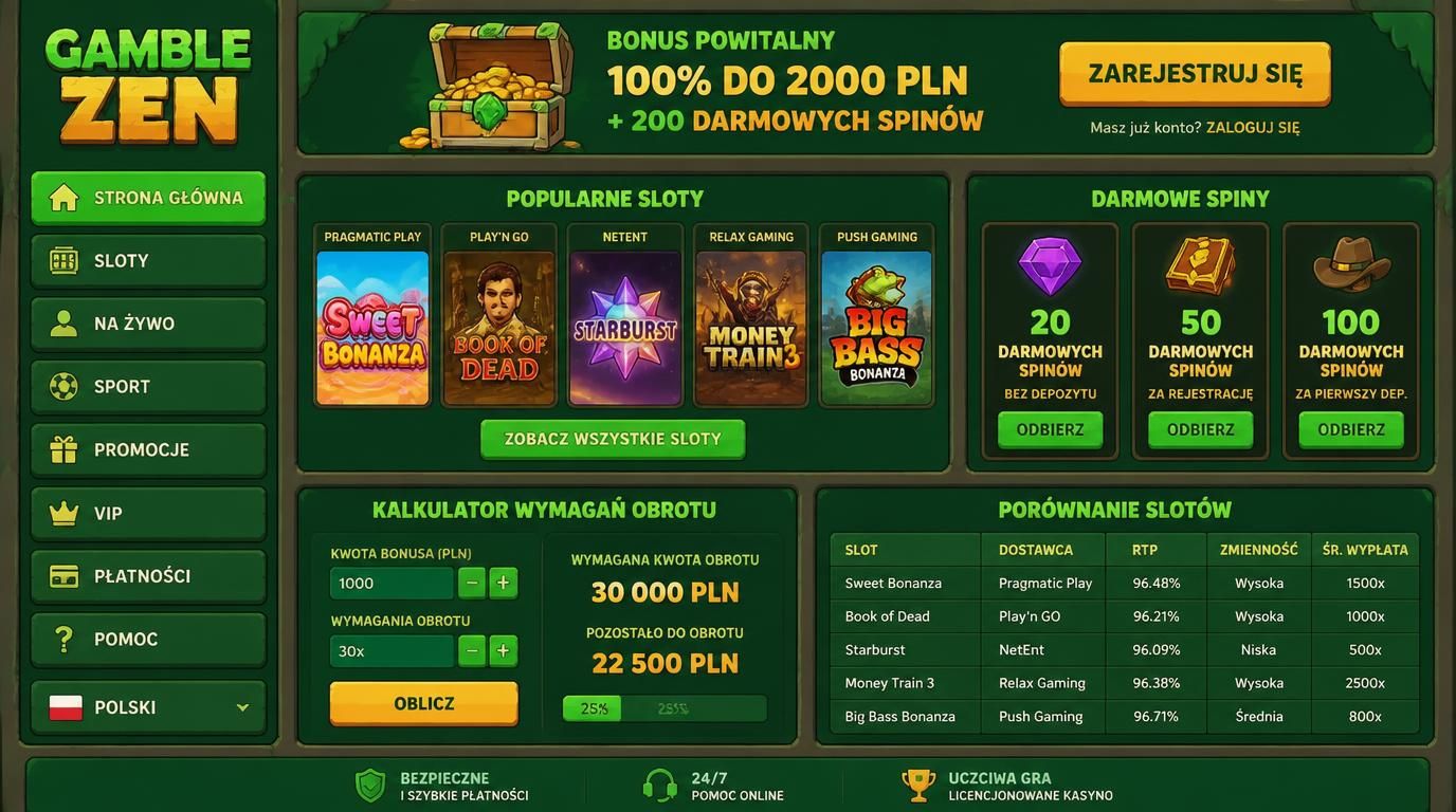 Widok gier, free spinów i kalkulatora premii z wymaganiem obrotu