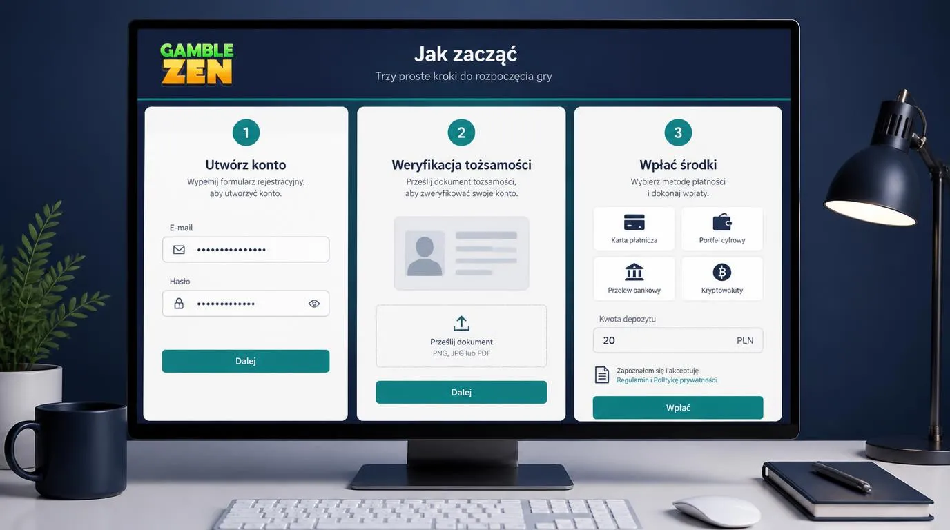 Ilustracyjny panel rejestracji, weryfikacji tożsamości i kasy z wyborem płatności oraz depozytem 20 PLN