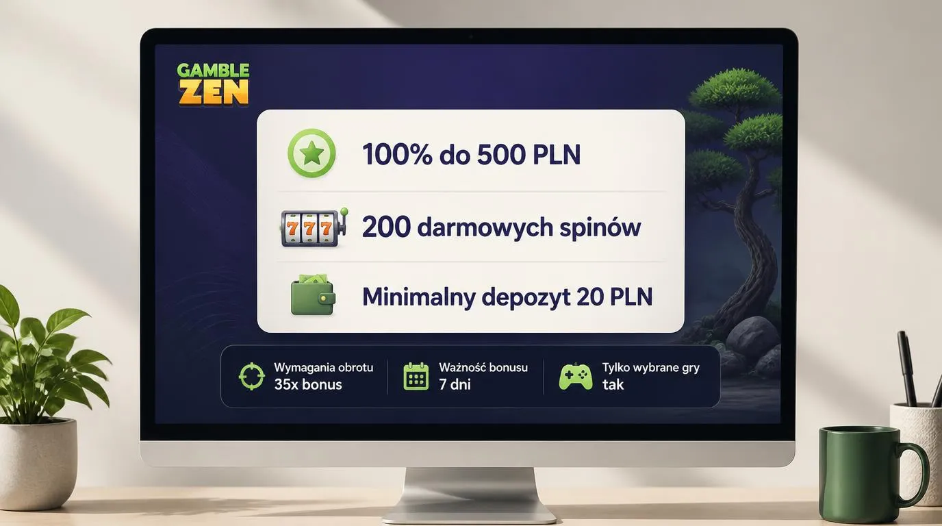 Panel bonusu powitalnego z ofertą 100% do 500 PLN, 200 darmowymi spinami i minimalnym depozytem 20 PLN